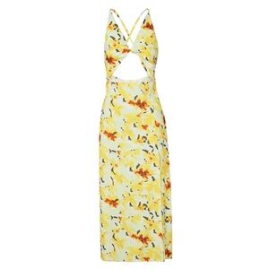 NEW Twist-Front Cut-Out Yellow/Aqua Floral V-Neck Halter Leg-Slit Midi Dress S